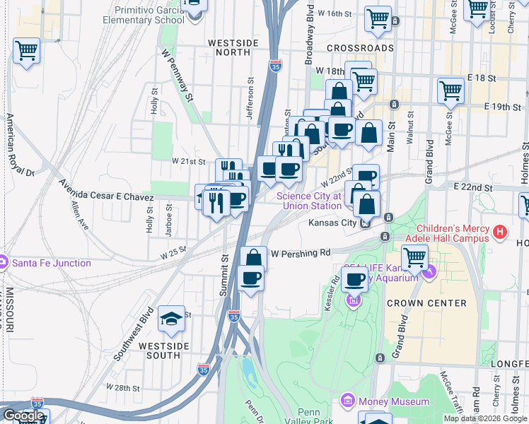map of restaurants, bars, coffee shops, grocery stores, and more near 601 Avenida Cesar E Chavez in Kansas City