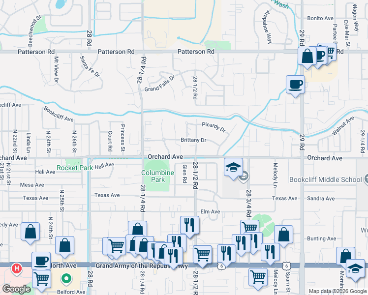 map of restaurants, bars, coffee shops, grocery stores, and more near 555 28 1/2 Road in Grand Junction
