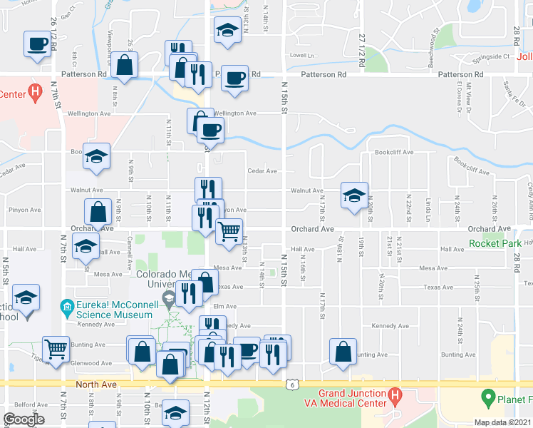 map of restaurants, bars, coffee shops, grocery stores, and more near 1391 Pinyon Avenue in Grand Junction
