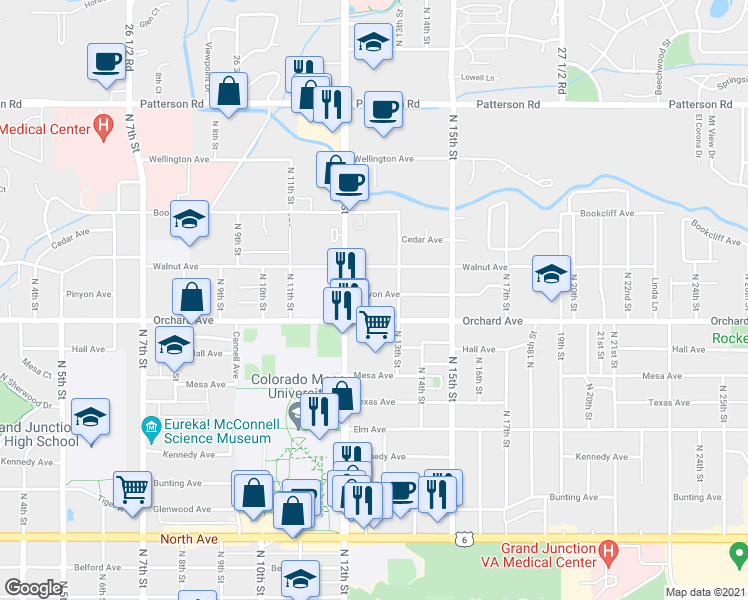 map of restaurants, bars, coffee shops, grocery stores, and more near 1285 Pinyon Avenue in Grand Junction