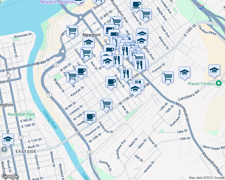 map of restaurants, bars, coffee shops, grocery stores, and more near 926 Ann Street in Newport