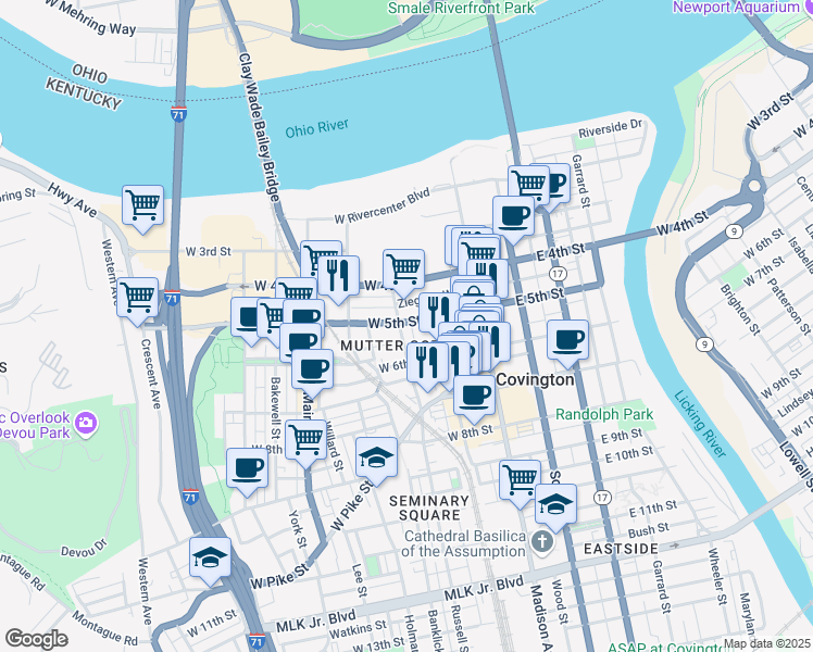 map of restaurants, bars, coffee shops, grocery stores, and more near 108 West 5th Street in Covington