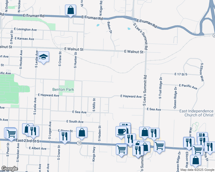 map of restaurants, bars, coffee shops, grocery stores, and more near 1401 East Pacific Avenue in Independence