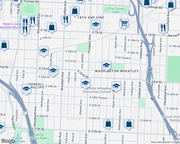 map of restaurants, bars, coffee shops, grocery stores, and more near 2200 Prospect Avenue in Kansas City