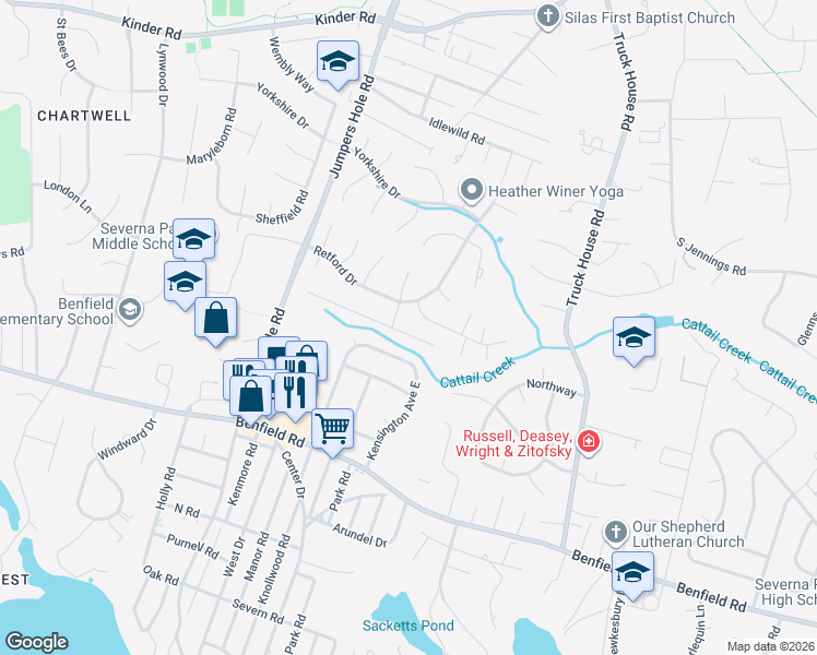 map of restaurants, bars, coffee shops, grocery stores, and more near 518 Charington Drive in Severna Park