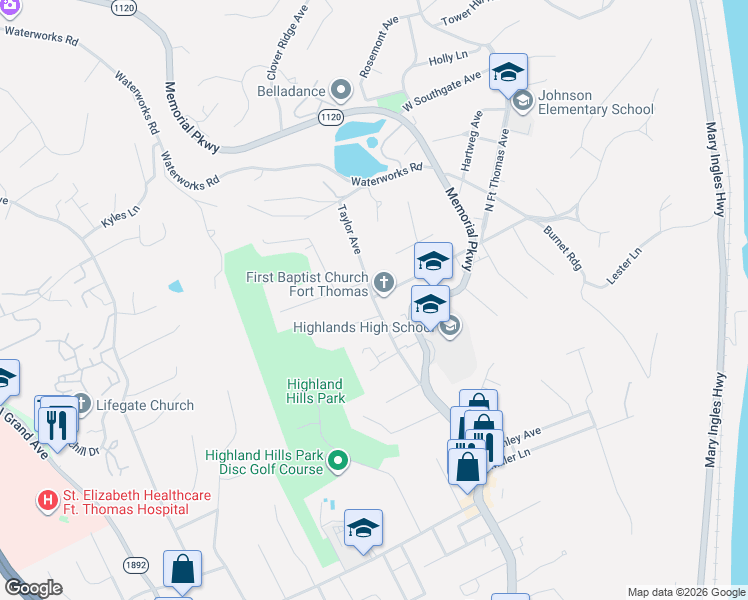 map of restaurants, bars, coffee shops, grocery stores, and more near 600 N Fort Thomas Ave in Fort Thomas