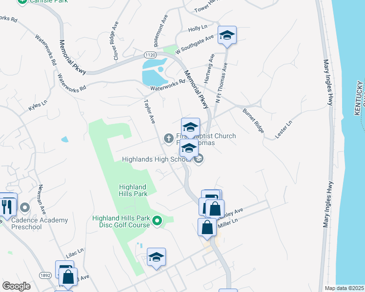 map of restaurants, bars, coffee shops, grocery stores, and more near 2350 Memorial Parkway in Fort Thomas