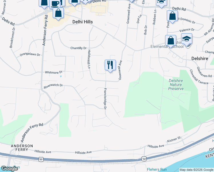 map of restaurants, bars, coffee shops, grocery stores, and more near 242 Francisridge Drive in Cincinnati