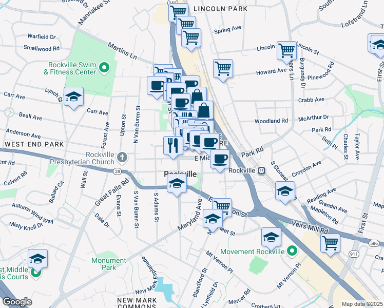 map of restaurants, bars, coffee shops, grocery stores, and more near 101 Gibbs Street in Rockville