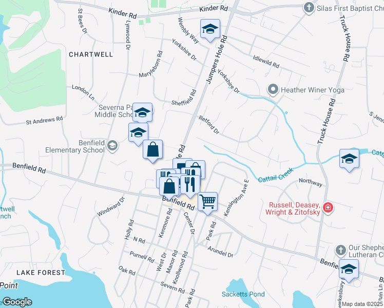 map of restaurants, bars, coffee shops, grocery stores, and more near 469 Jumpers Hole Road in Severna Park