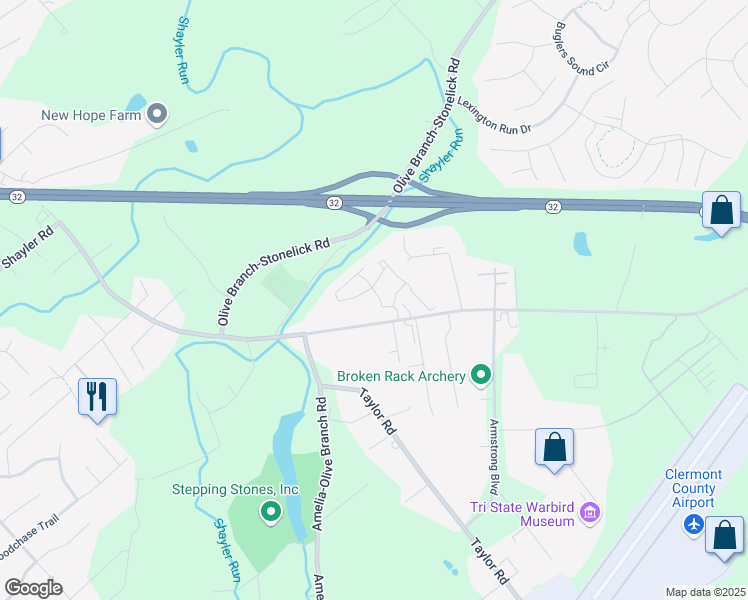 map of restaurants, bars, coffee shops, grocery stores, and more near 308 Stonelick Woods Drive in Batavia