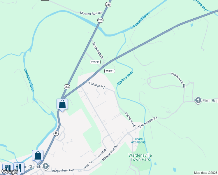 map of restaurants, bars, coffee shops, grocery stores, and more near 140 Furnace Road in Wardensville