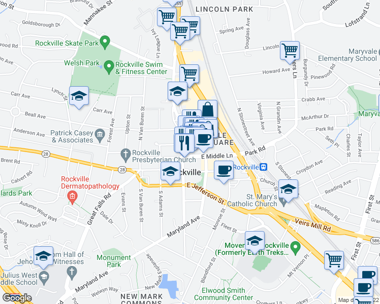 map of restaurants, bars, coffee shops, grocery stores, and more near 100 Gibbs Street in Rockville