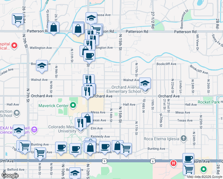 map of restaurants, bars, coffee shops, grocery stores, and more near 1391 Pinyon Avenue in Grand Junction