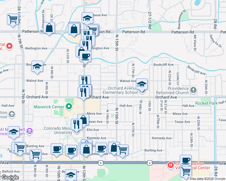 map of restaurants, bars, coffee shops, grocery stores, and more near 1451 Pinyon Avenue in Grand Junction