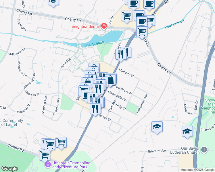 map of restaurants, bars, coffee shops, grocery stores, and more near Baltimore Avenue & Cypress Street in Laurel