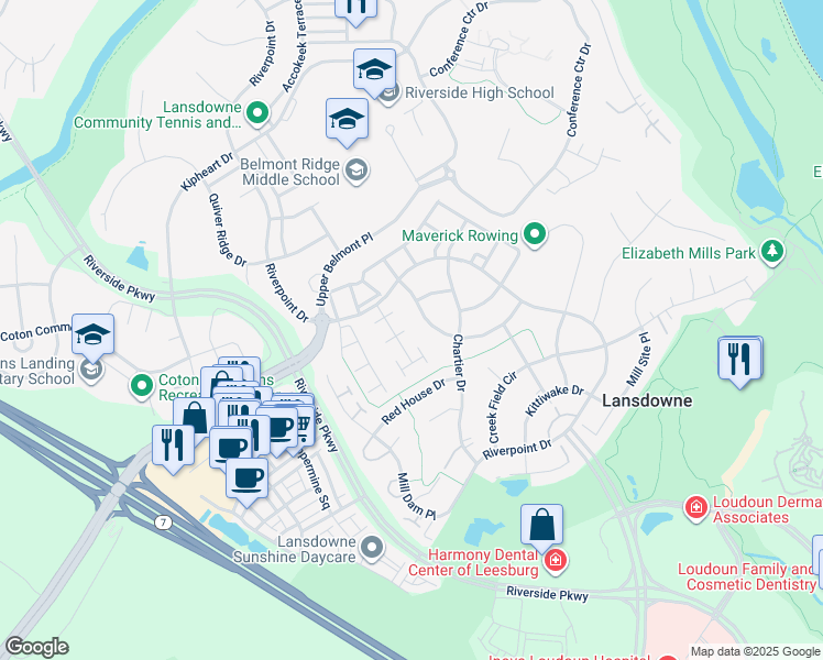 map of restaurants, bars, coffee shops, grocery stores, and more near 43691 Warbler Square in Leesburg
