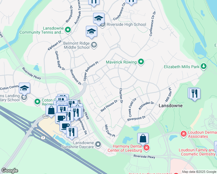 map of restaurants, bars, coffee shops, grocery stores, and more near 43691 Warbler Square in Leesburg
