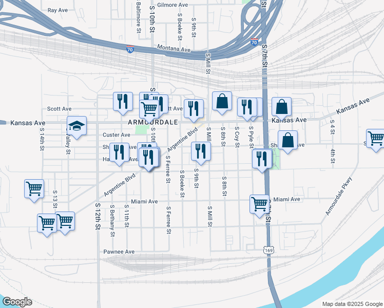 map of restaurants, bars, coffee shops, grocery stores, and more near 710 South 9th Street in Kansas City
