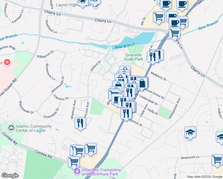 map of restaurants, bars, coffee shops, grocery stores, and more near 14111 William Street in Laurel