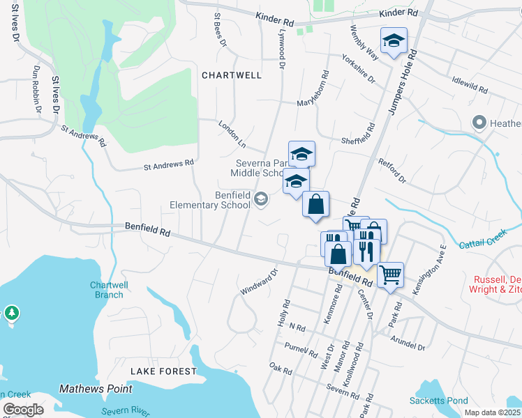 map of restaurants, bars, coffee shops, grocery stores, and more near 365 Lynwood Drive in Severna Park