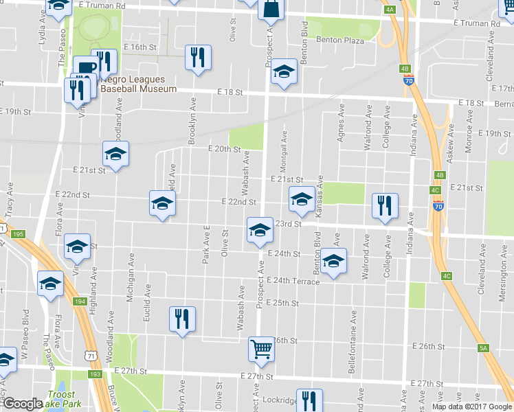 map of restaurants, bars, coffee shops, grocery stores, and more near 2200 Prospect Avenue in Kansas City