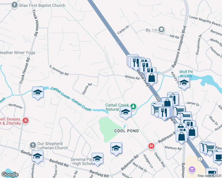 map of restaurants, bars, coffee shops, grocery stores, and more near 444 McBride Lane in Severna Park