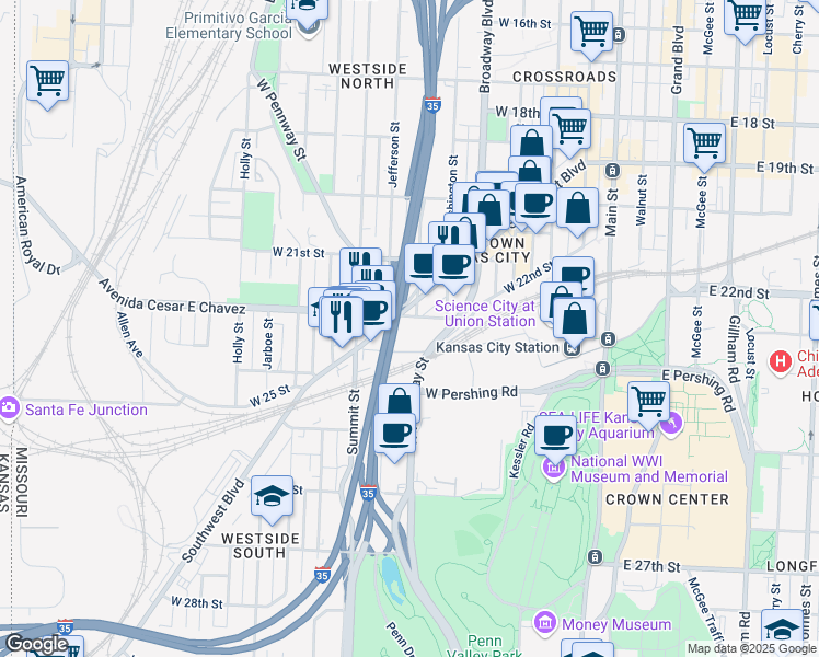 map of restaurants, bars, coffee shops, grocery stores, and more near 601 Avenida Cesar E Chavez in Kansas City