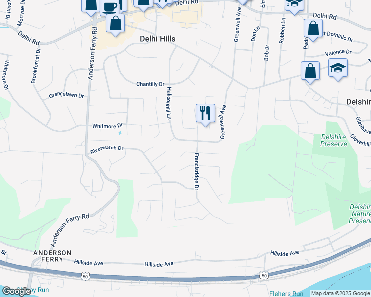 map of restaurants, bars, coffee shops, grocery stores, and more near 5020 Troubador Court in Cincinnati