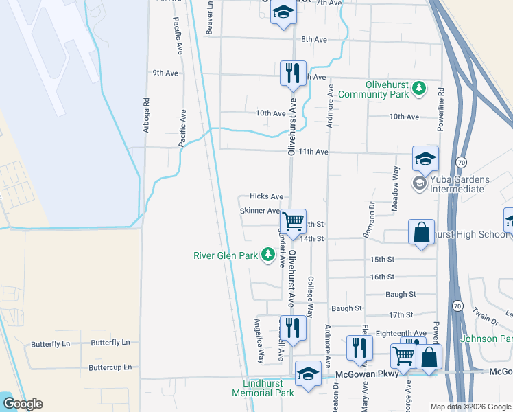 map of restaurants, bars, coffee shops, grocery stores, and more near 1731 Skinner Avenue in Olivehurst