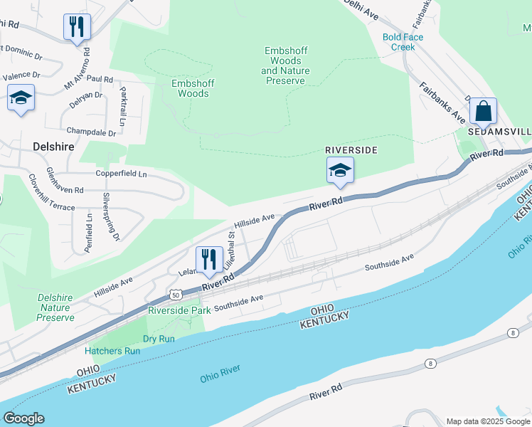 map of restaurants, bars, coffee shops, grocery stores, and more near 3360 Hillside Avenue in Cincinnati