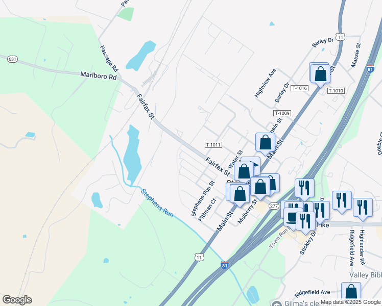 map of restaurants, bars, coffee shops, grocery stores, and more near 1175 Fairfax Street in Stephens City