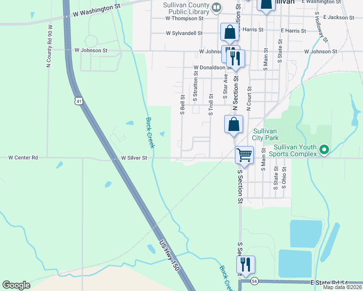 map of restaurants, bars, coffee shops, grocery stores, and more near 599 South Bell Street in Sullivan