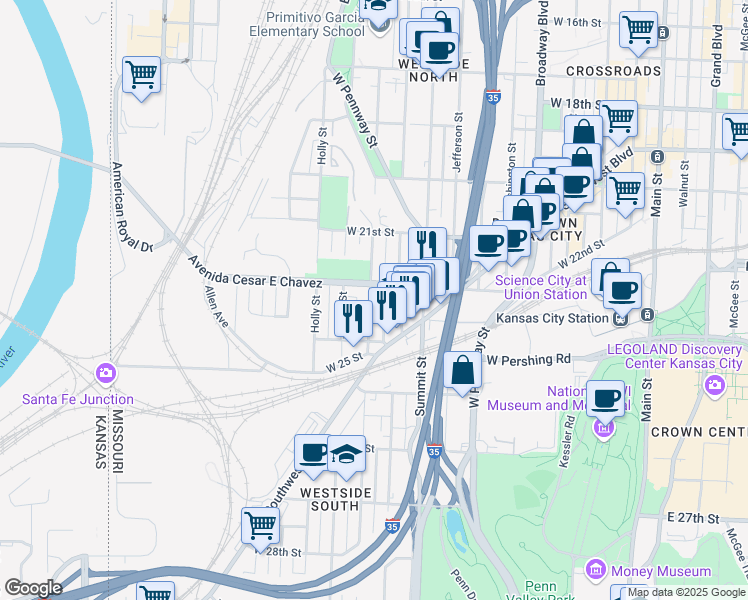 map of restaurants, bars, coffee shops, grocery stores, and more near 2311 Belleview Avenue in Kansas City