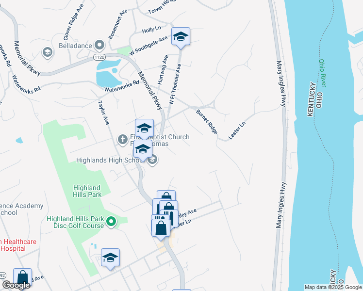 map of restaurants, bars, coffee shops, grocery stores, and more near 49 Sterling Ave in Fort Thomas