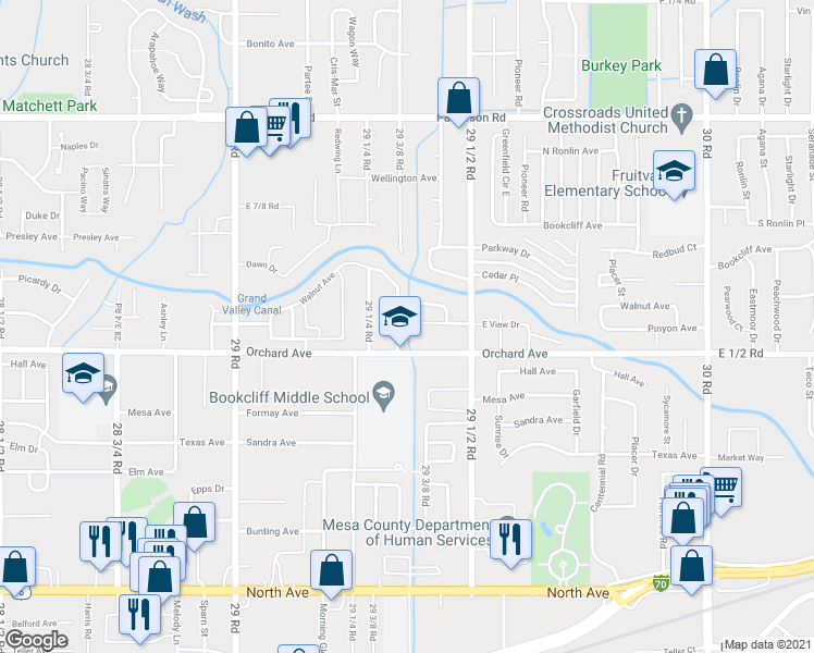 map of restaurants, bars, coffee shops, grocery stores, and more near 558 Garfield Drive in Grand Junction