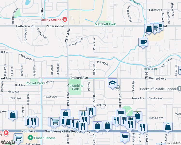 map of restaurants, bars, coffee shops, grocery stores, and more near 555 28 1/2 Road in Grand Junction