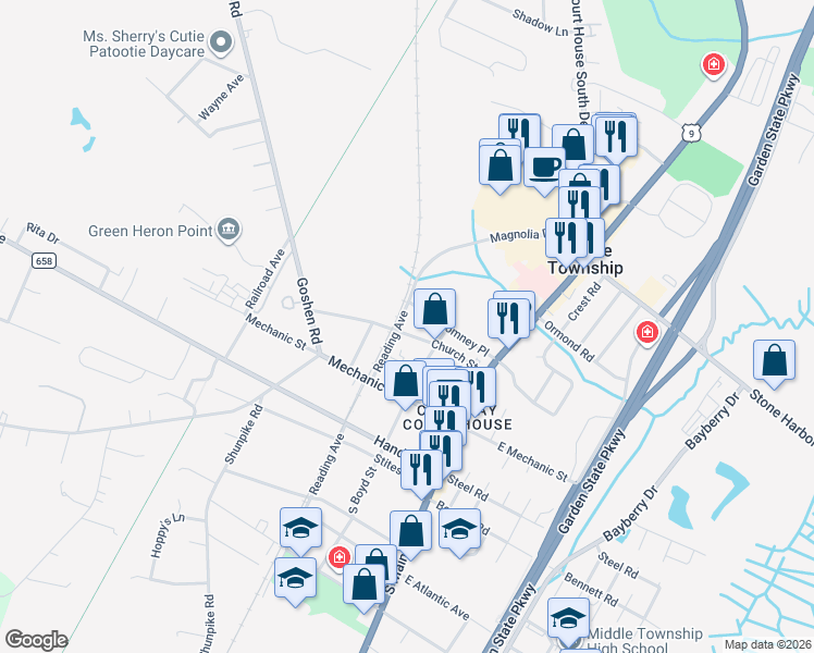 map of restaurants, bars, coffee shops, grocery stores, and more near in Cape May County