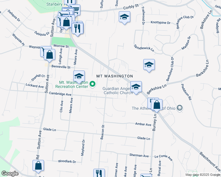 map of restaurants, bars, coffee shops, grocery stores, and more near 1734 Beacon Street in Cincinnati