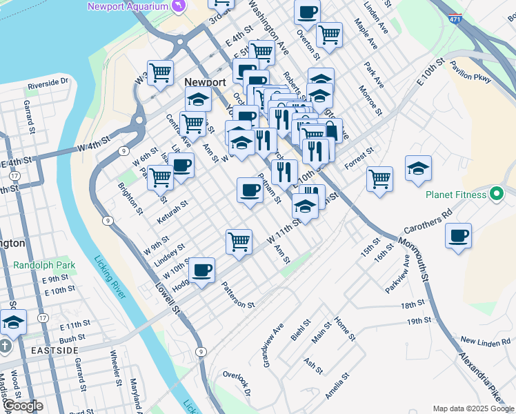 map of restaurants, bars, coffee shops, grocery stores, and more near 1001 Columbia Street in Newport