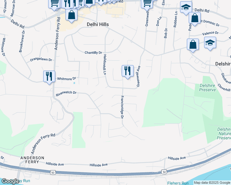map of restaurants, bars, coffee shops, grocery stores, and more near 5020 Troubador Court in Cincinnati