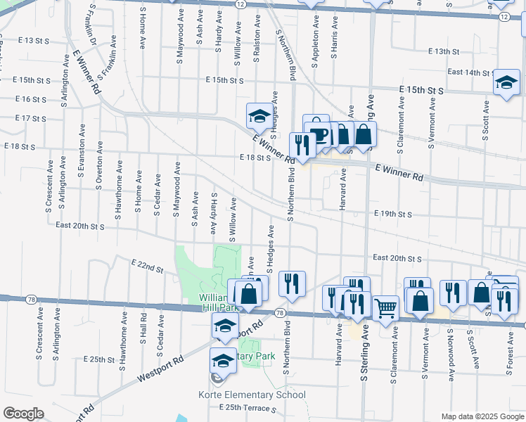 map of restaurants, bars, coffee shops, grocery stores, and more near 10624 East 19th Terrace in Independence