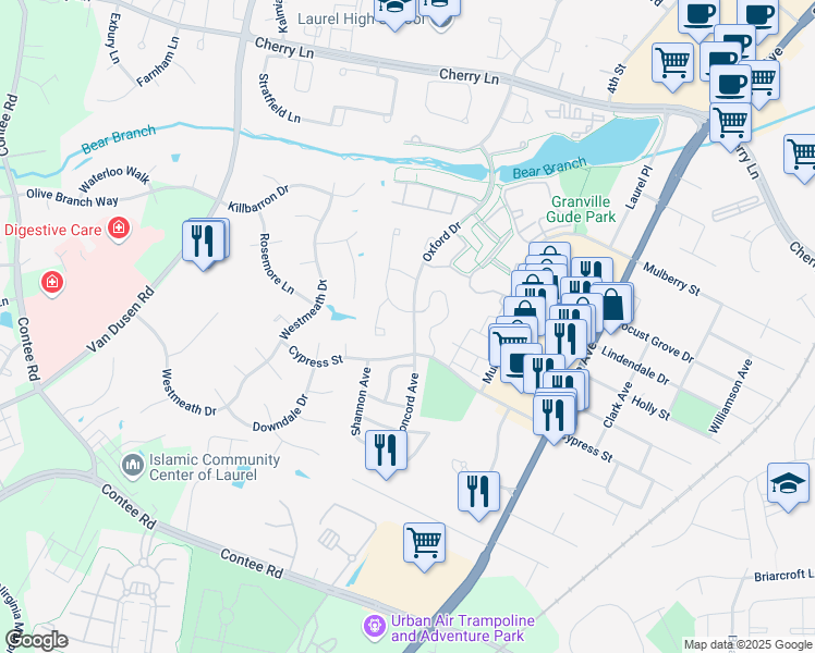 map of restaurants, bars, coffee shops, grocery stores, and more near 14018 Oxford Drive in Laurel