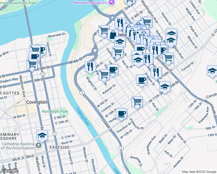 map of restaurants, bars, coffee shops, grocery stores, and more near 835 Patterson Street in Newport