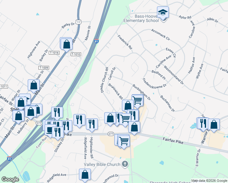 map of restaurants, bars, coffee shops, grocery stores, and more near 233 Brunswick Road in Stephens City