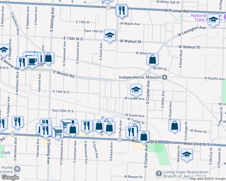 map of restaurants, bars, coffee shops, grocery stores, and more near 1825 South Vassar Avenue in Independence