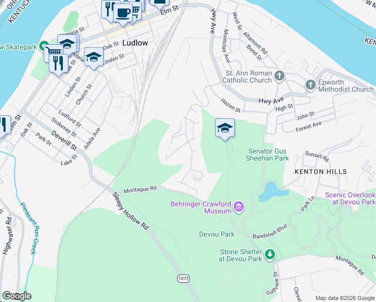 map of restaurants, bars, coffee shops, grocery stores, and more near 540 Rivers Breeze Drive in Ludlow