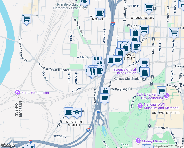 map of restaurants, bars, coffee shops, grocery stores, and more near 2309 Madison Avenue in Kansas City