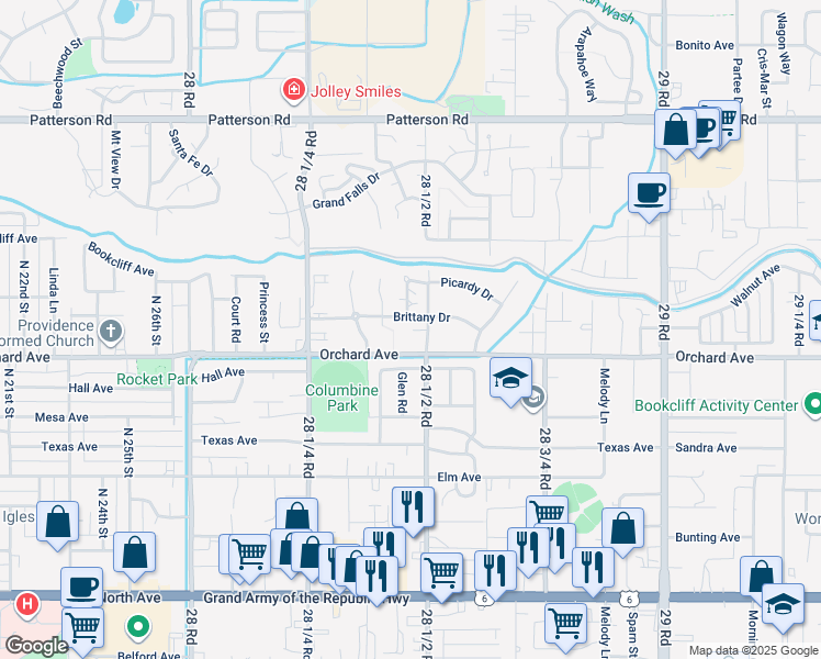 map of restaurants, bars, coffee shops, grocery stores, and more near 555 28 1/2 Road in Grand Junction