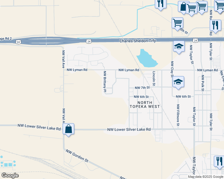 map of restaurants, bars, coffee shops, grocery stores, and more near 67 Northwest Brittany Lane in Topeka